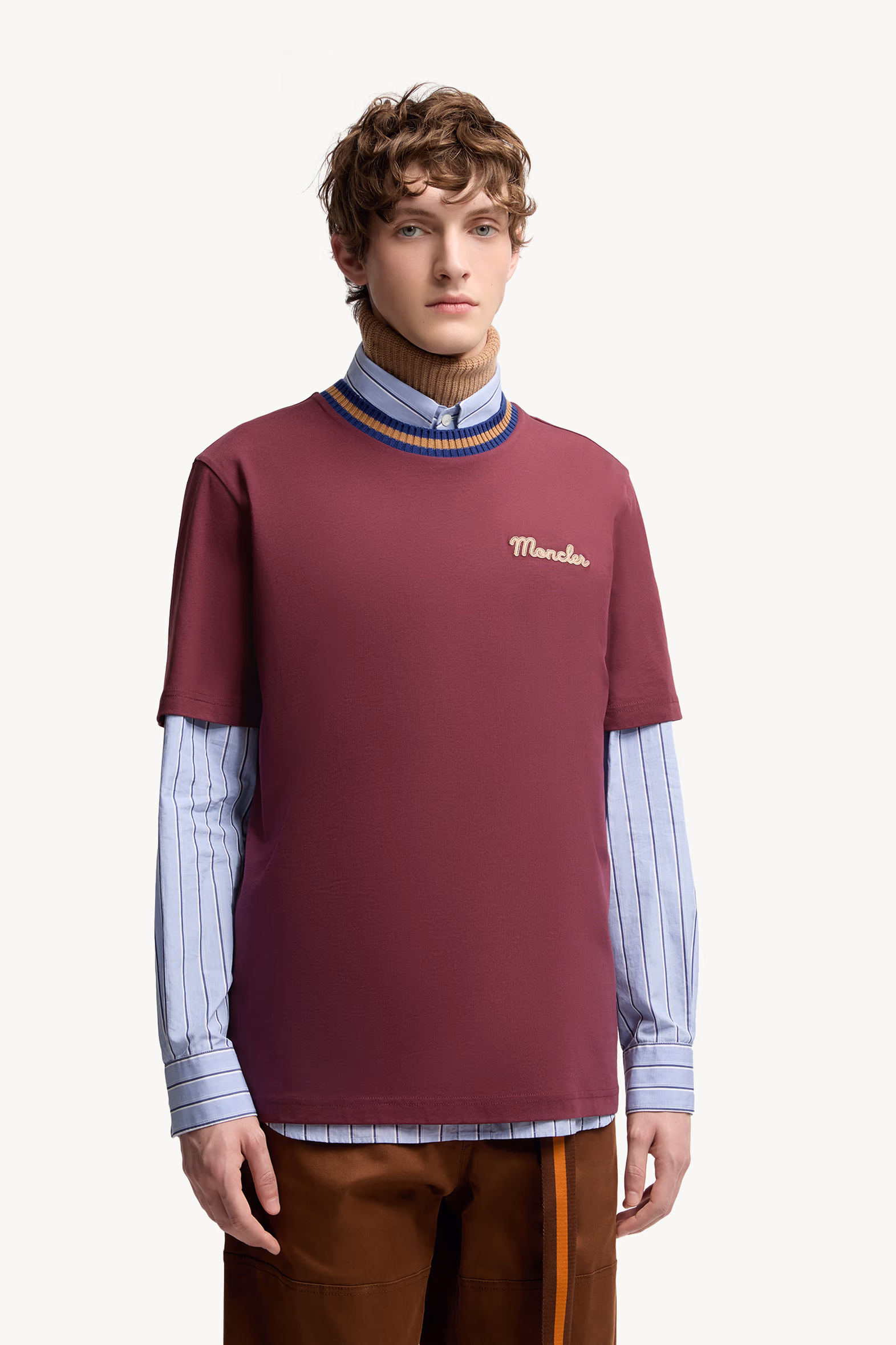 Embroidered Logo Cotton T-Shirt Men Burgundy Moncler 3